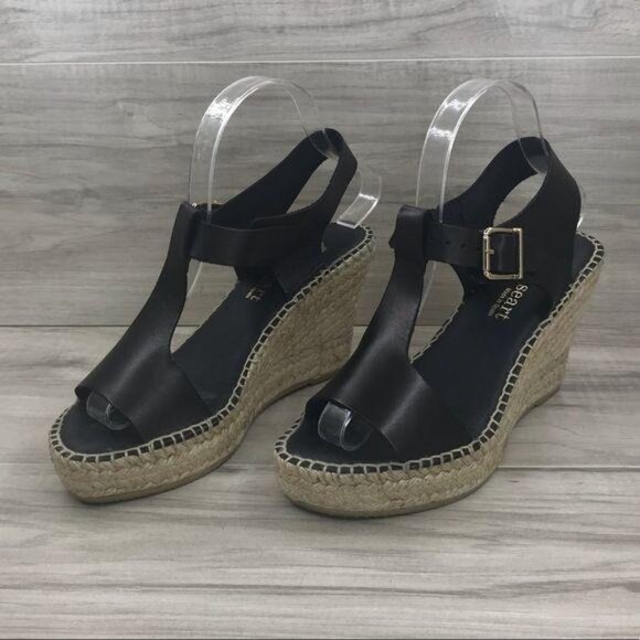 Paseart Wedge Sandals Women's EU 38 Black Leather Espadrille - Picture 1 of 9
